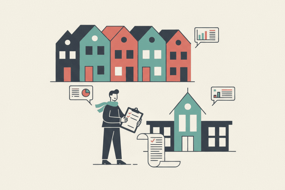 Flat illustration of rental homes with data records and a landlord checklist in a muted neighbourhood scene