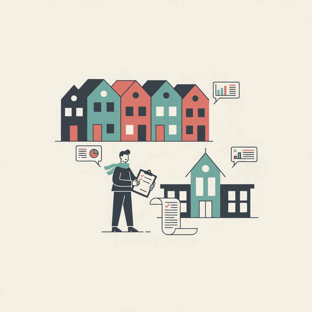 Flat illustration of rental homes with data records and a landlord checklist in a muted neighbourhood scene