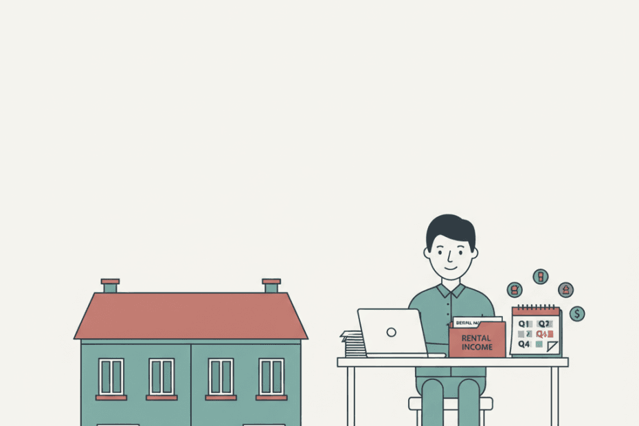 Flat illustration of a landlord checking digital rental records beside terraced houses