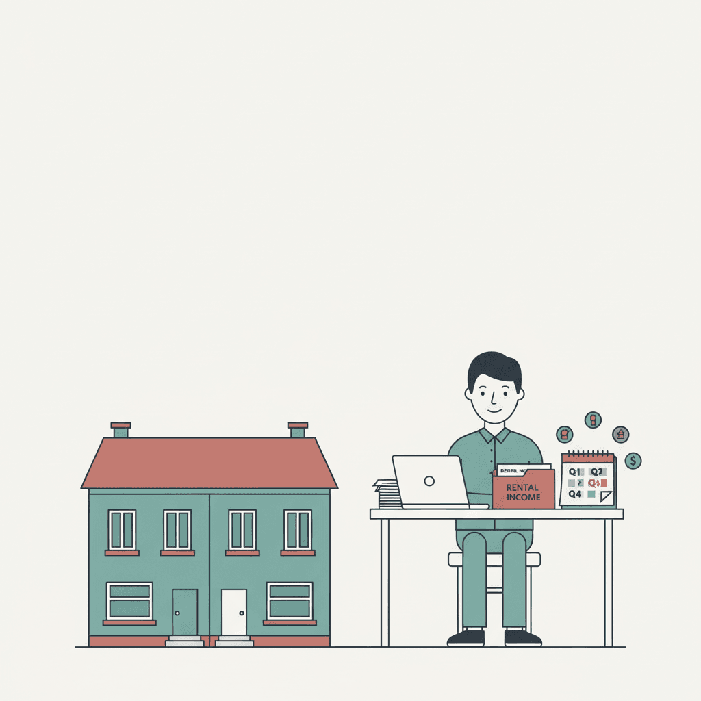 Flat illustration of a landlord checking digital rental records beside terraced houses