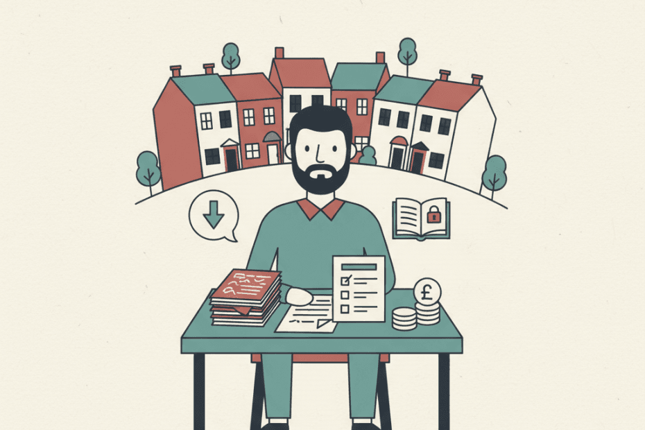 Flat illustration of a landlord reviewing letting agent paperwork outside a row of rented homes