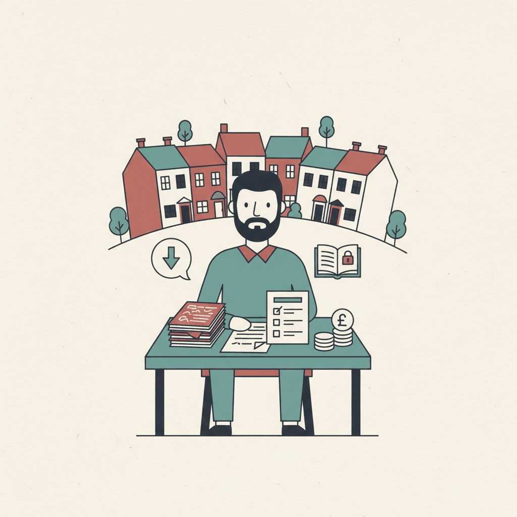 Flat illustration of a landlord reviewing letting agent paperwork outside a row of rented homes