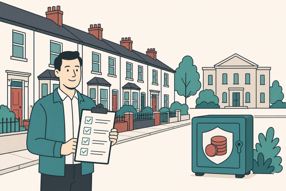 Flat illustration of a landlord placing a tenant deposit into a secure custodial scheme beside a row of rented homes