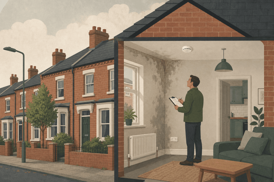 Flat illustration of a landlord inspecting a rented home for damp, electrics and fire safety hazards