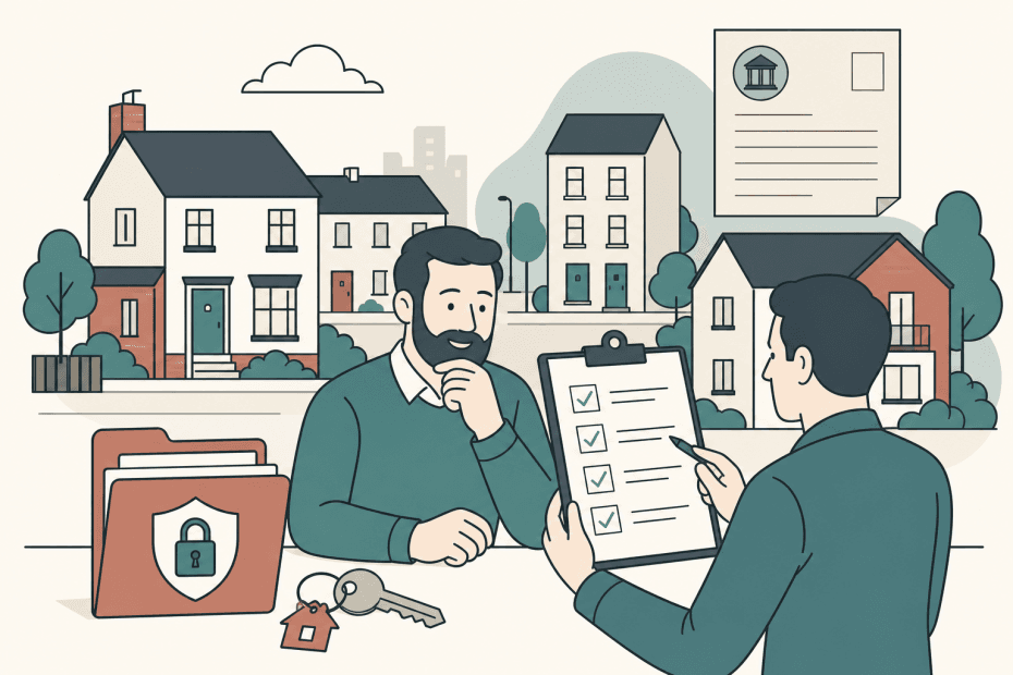 Flat illustration of a landlord reviewing a letting agent money protection checklist beside simple rented houses