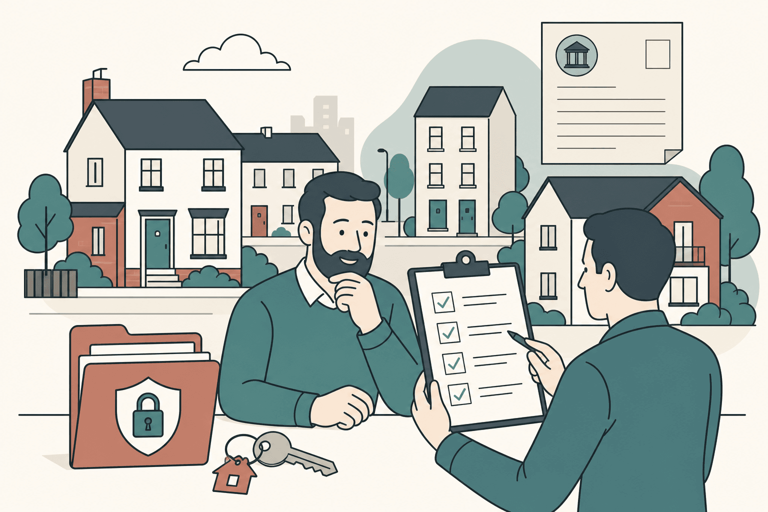 Flat illustration of a landlord reviewing a letting agent money protection checklist beside simple rented houses