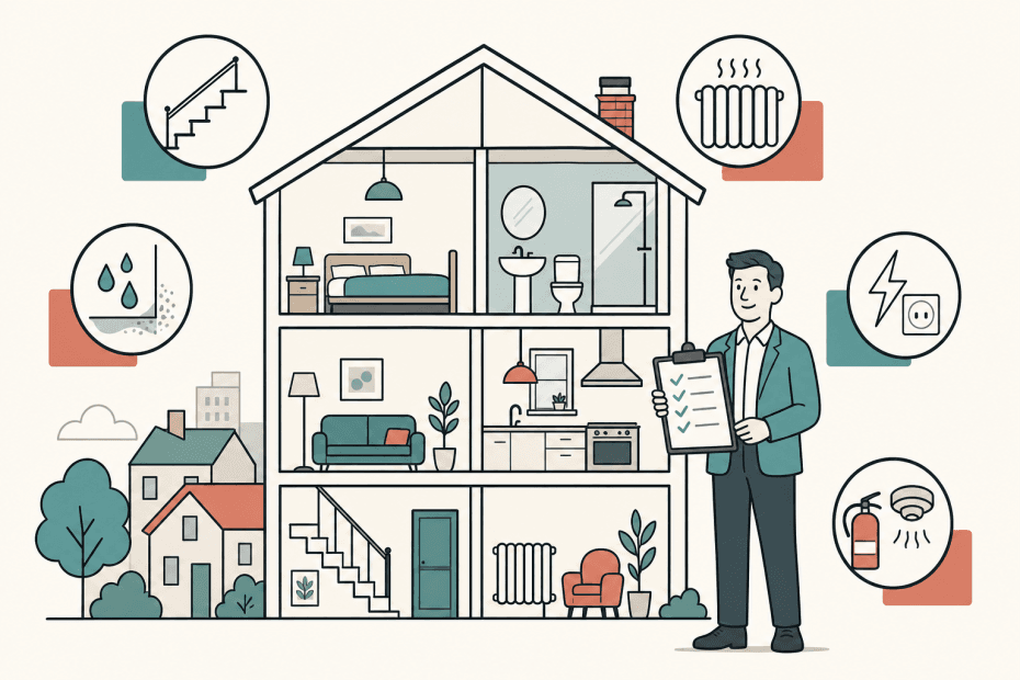 Flat illustration of a landlord checking rented home safety hazards beside simple houses