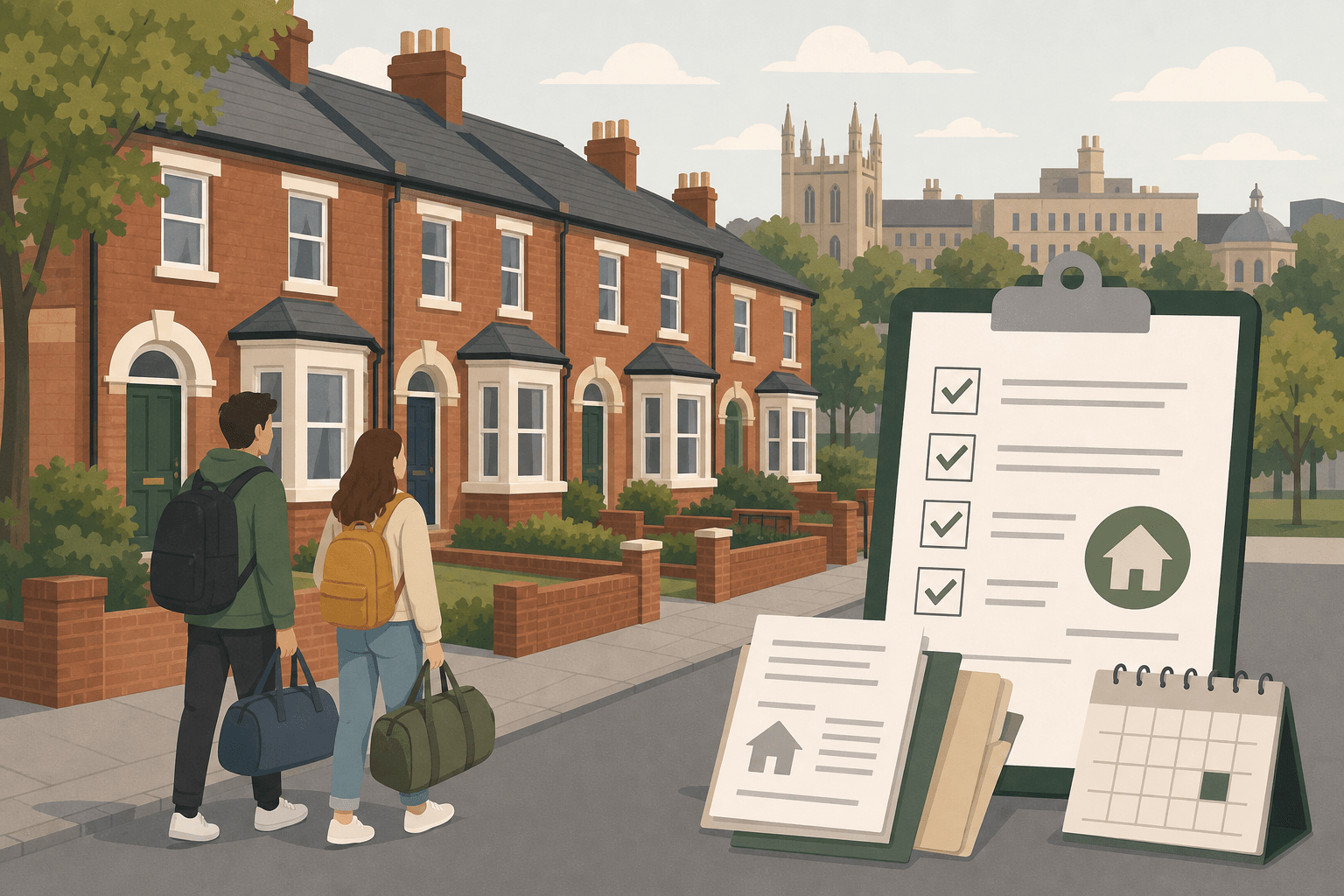Flat editorial illustration of student rental houses, tenancy paperwork and a landlord checklist in a muted UK neighbourhood style