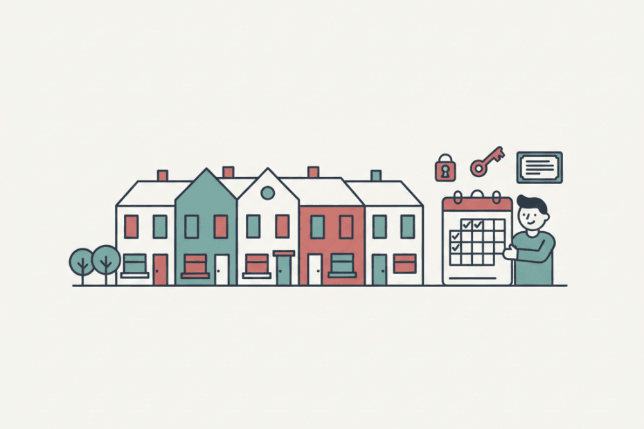 Flat illustration of a landlord checking a compliance calendar beside muted terraced rental homes