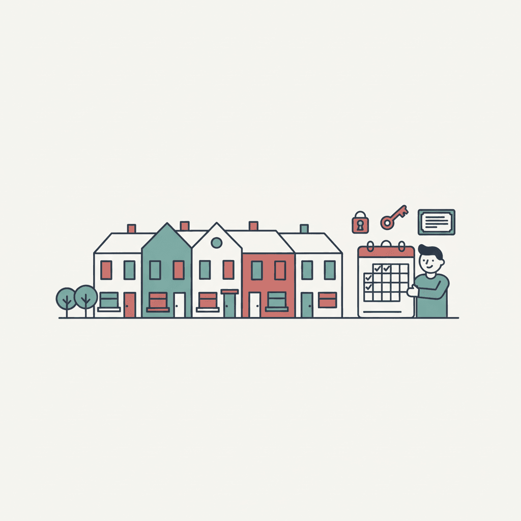 Flat illustration of a landlord checking a compliance calendar beside muted terraced rental homes