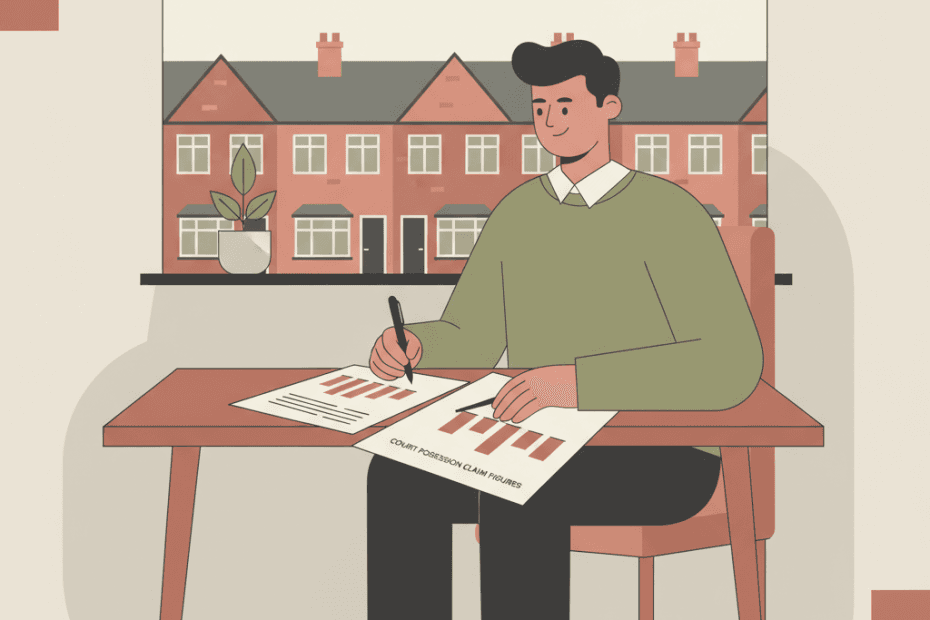 Flat illustration of a landlord reviewing possession claim figures beside muted terraced rental homes