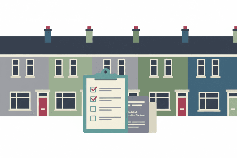 Flat editorial illustration of Welsh rental homes beside a landlord checklist for updated occupation contracts