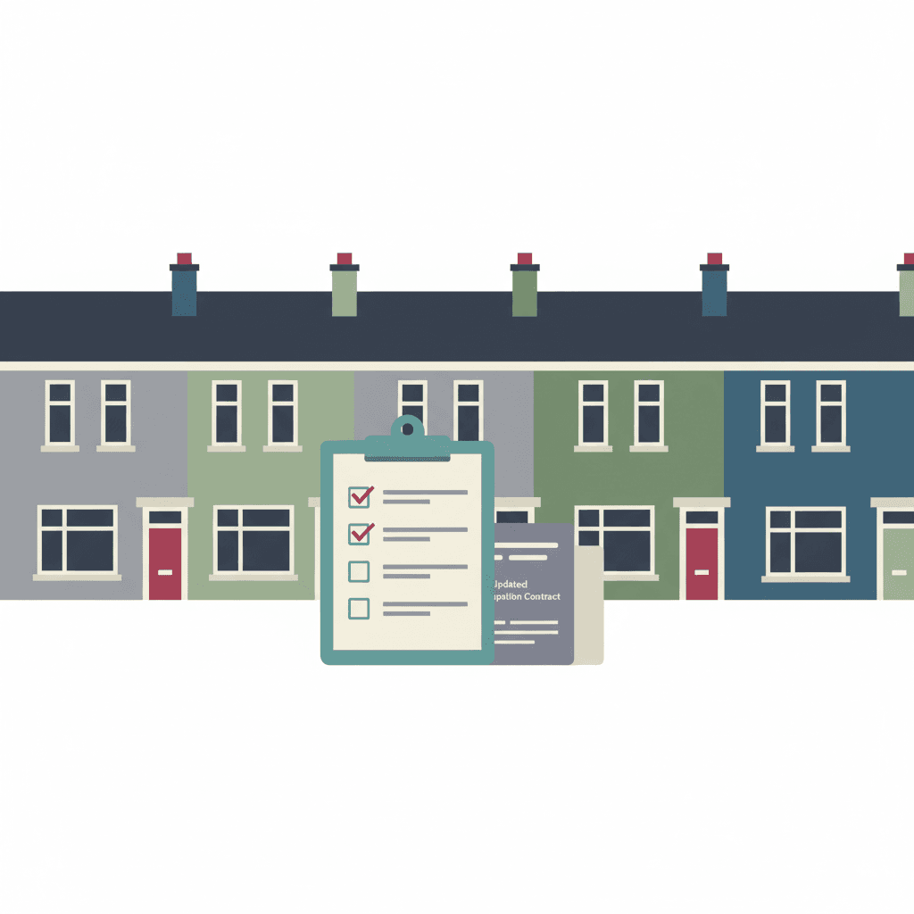 Flat editorial illustration of Welsh rental homes beside a landlord checklist for updated occupation contracts