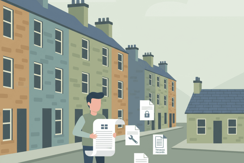 Flat editorial illustration of a Scottish rental home beside a landlord compliance checklist