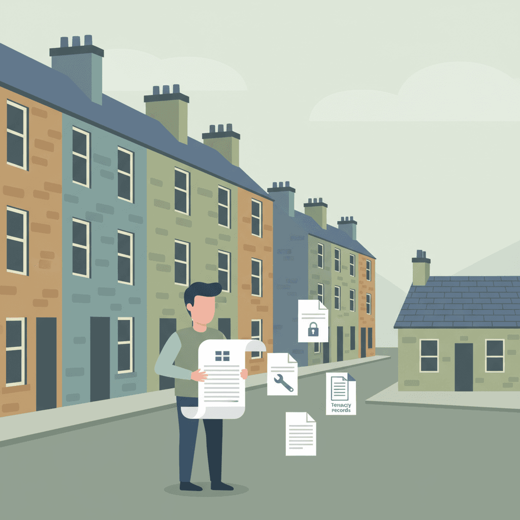 Flat editorial illustration of a Scottish rental home beside a landlord compliance checklist
