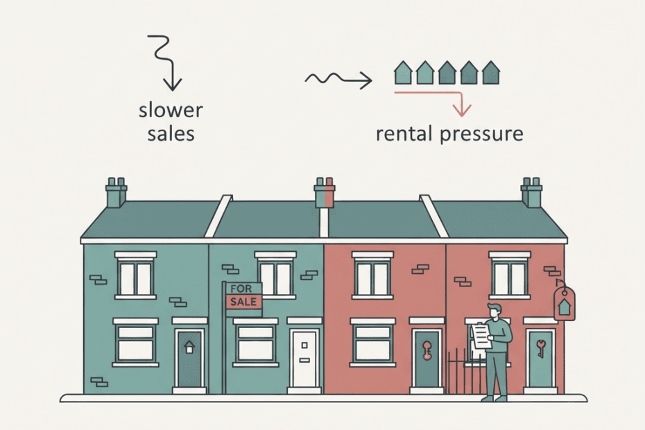 Flat editorial illustration of a UK rental street with a for sale sign and landlord checklist