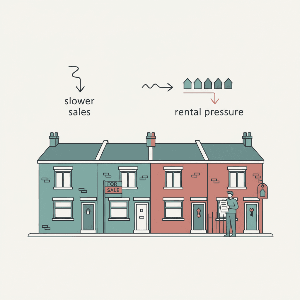 Flat editorial illustration of a UK rental street with a for sale sign and landlord checklist