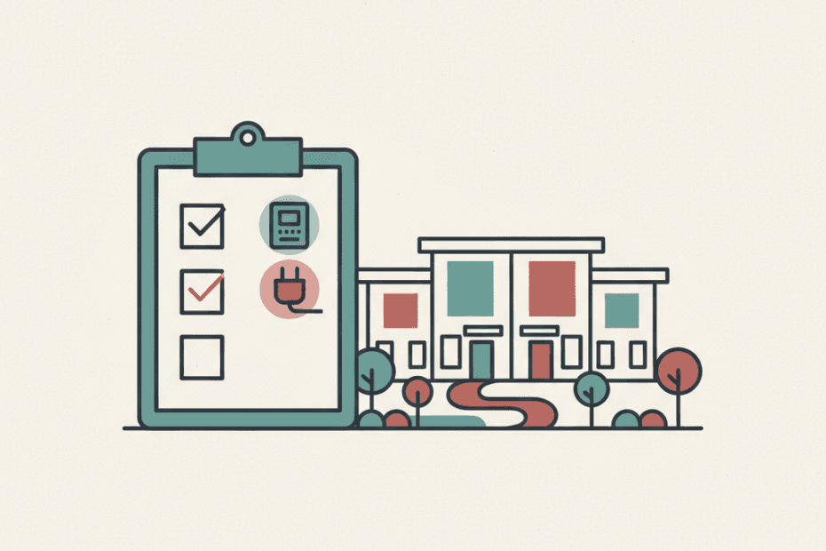 Flat editorial illustration of UK rental homes with an electrical safety checklist and fuse box