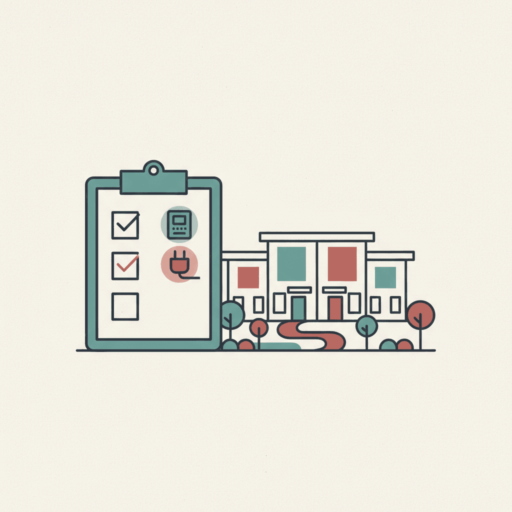 Flat editorial illustration of UK rental homes with an electrical safety checklist and fuse box