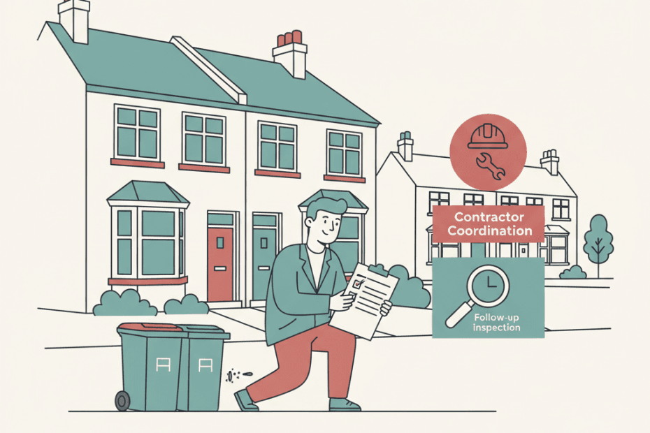 Flat illustration of a landlord inspecting a terraced rental home for pest entry points with a simple repair checklist
