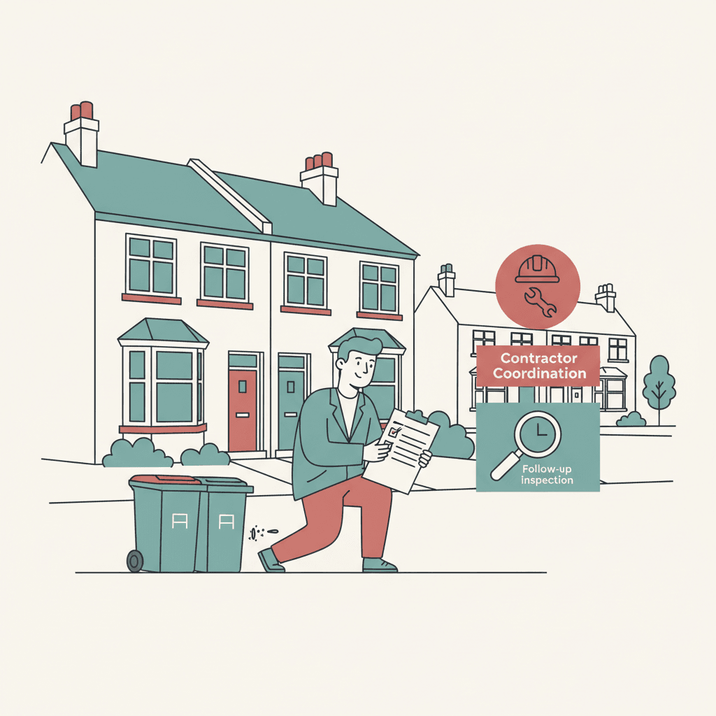 Flat illustration of a landlord inspecting a terraced rental home for pest entry points with a simple repair checklist