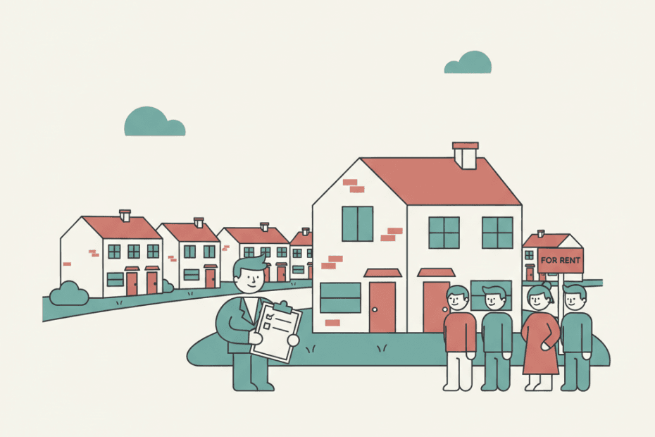 Flat illustration of a UK rental street with a landlord checklist and several prospective tenants viewing homes