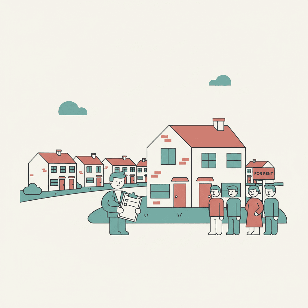 Flat illustration of a UK rental street with a landlord checklist and several prospective tenants viewing homes