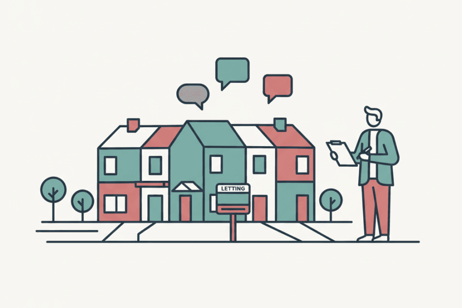 Flat illustration of a landlord reviewing a rental supply checklist outside terraced homes