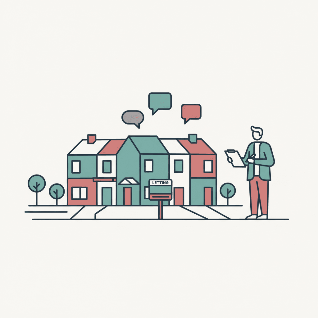 Flat illustration of a landlord reviewing a rental supply checklist outside terraced homes
