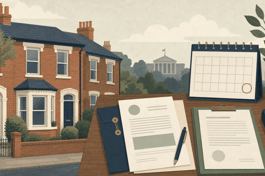 Flat editorial illustration of an English rental home, calendar marked 31 July and court paperwork on a desk