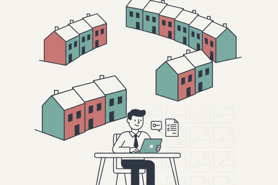 Flat editorial illustration of a landlord checking permitted tenancy fees and guarantor paperwork beside simple terraced houses