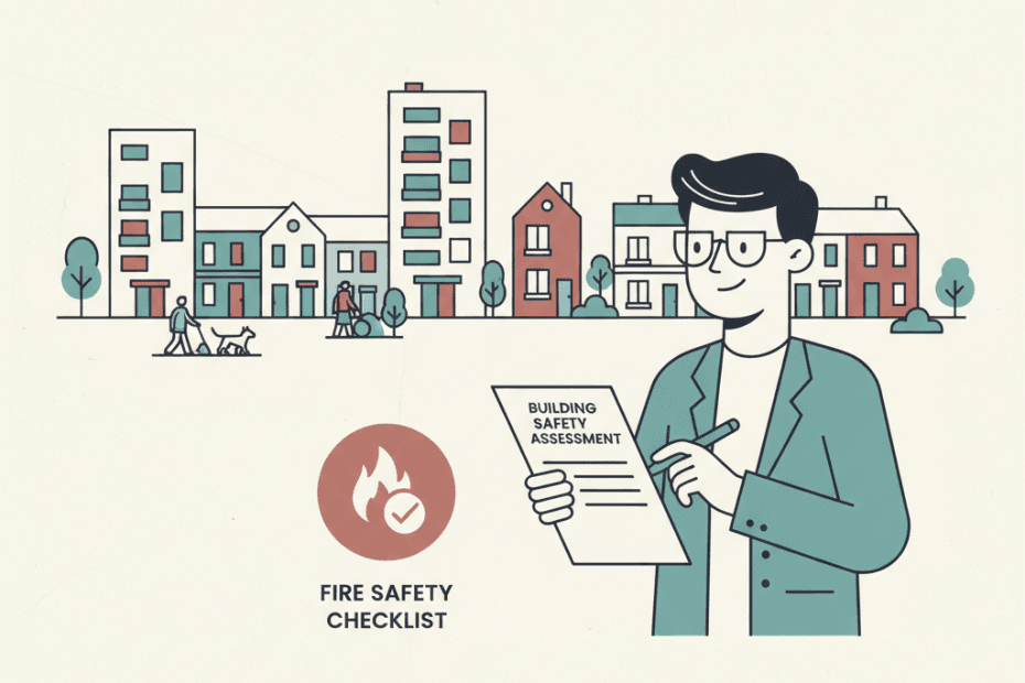 Flat editorial illustration of apartment buildings with a landlord reviewing building safety assessment papers