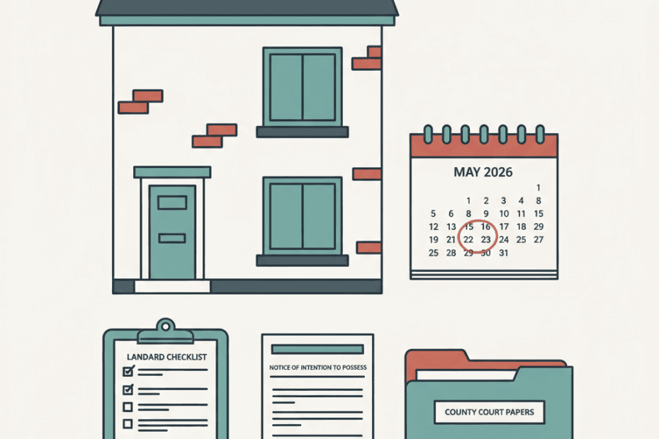 Flat illustration of a rented house, possession notice form, court papers and landlord checklist in a muted editorial neighbourhood style