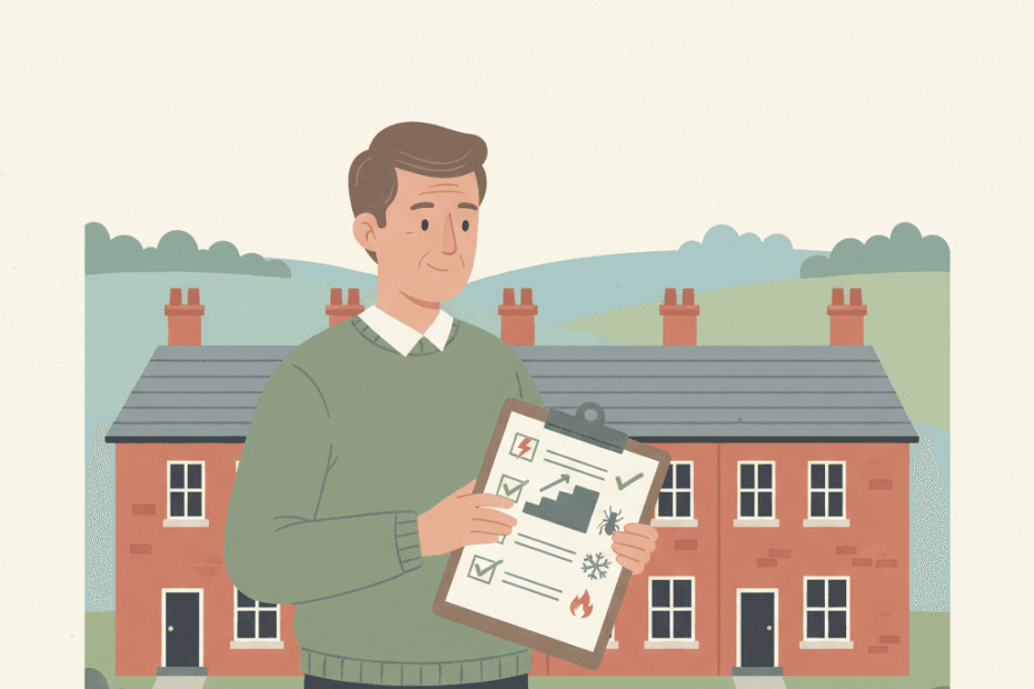 Flat editorial illustration of terraced rental homes with a landlord checklist covering repairs, hazards and tenant safety
