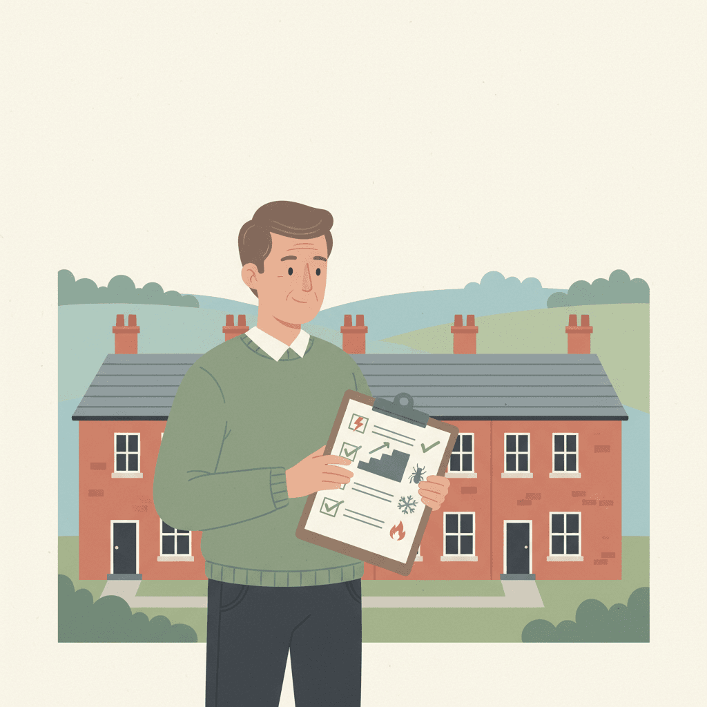 Flat editorial illustration of terraced rental homes with a landlord checklist covering repairs, hazards and tenant safety