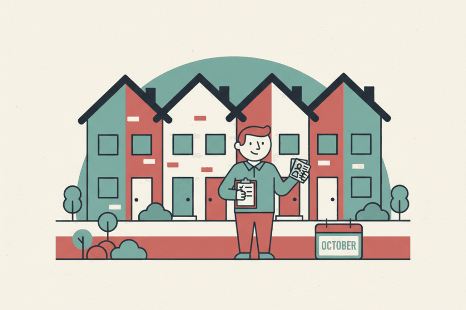 Flat editorial illustration of a landlord checking Right to Rent documents outside a terraced rental home