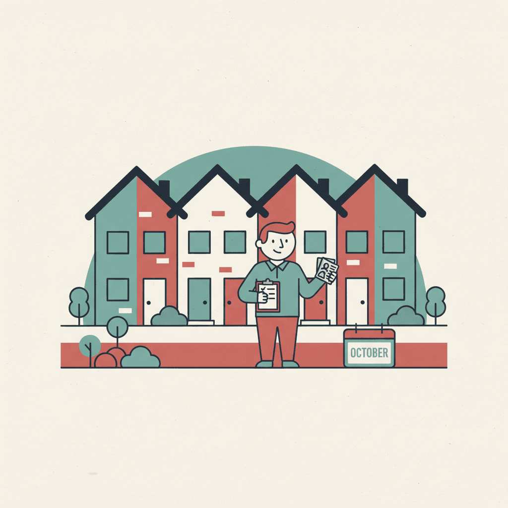 Flat editorial illustration of a landlord checking Right to Rent documents outside a terraced rental home