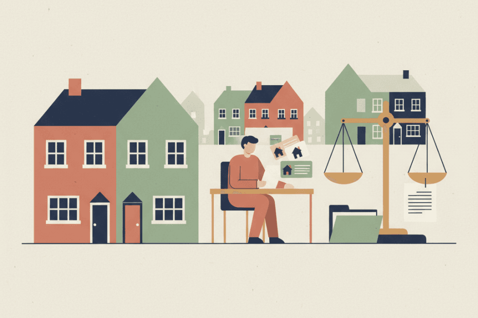 Flat editorial illustration of an English rental home, rent notice, local property comparisons and tribunal papers