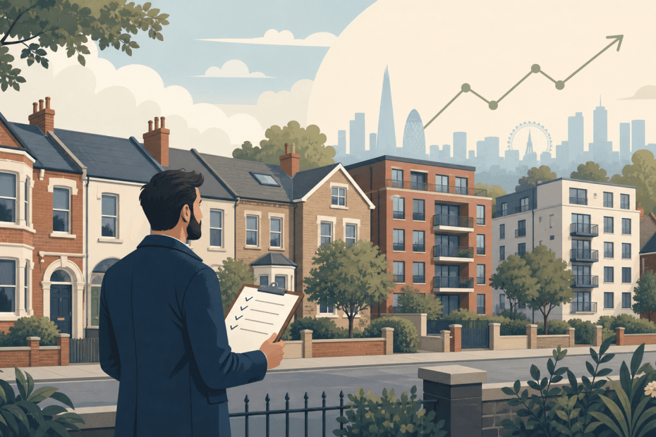 Flat editorial illustration of varied UK rental homes, a rent trend chart and a landlord checklist in a muted neighbourhood palette