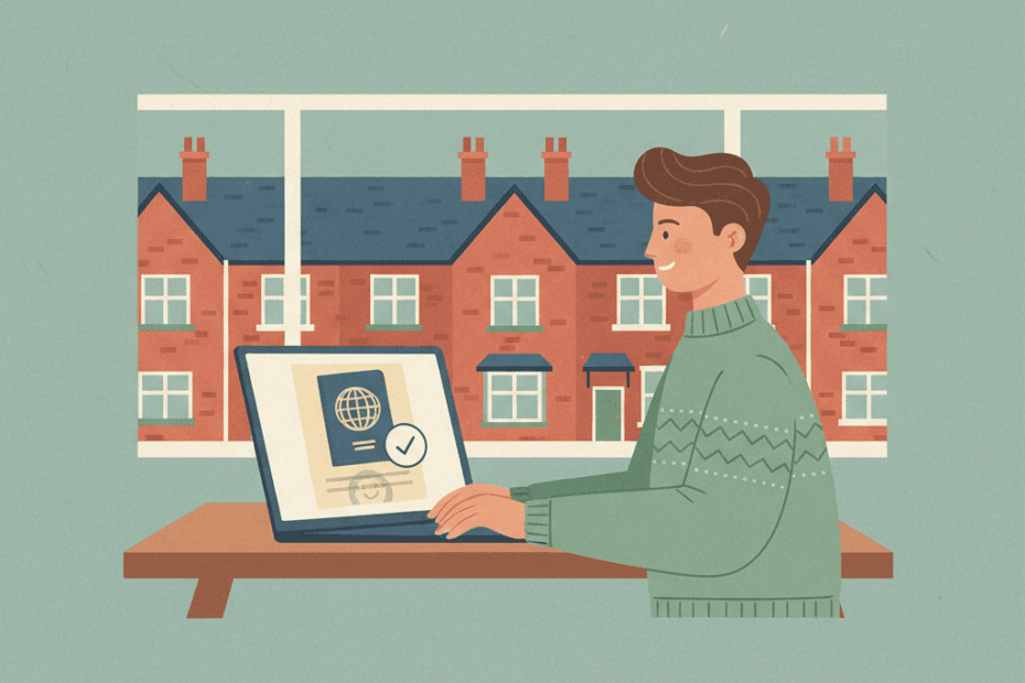 Flat illustration of an England landlord reviewing a digital right to rent identity check beside a rented home