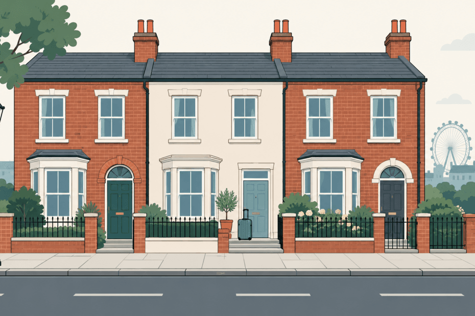 Flat illustration of London terraced homes with a small suitcase beside one doorway