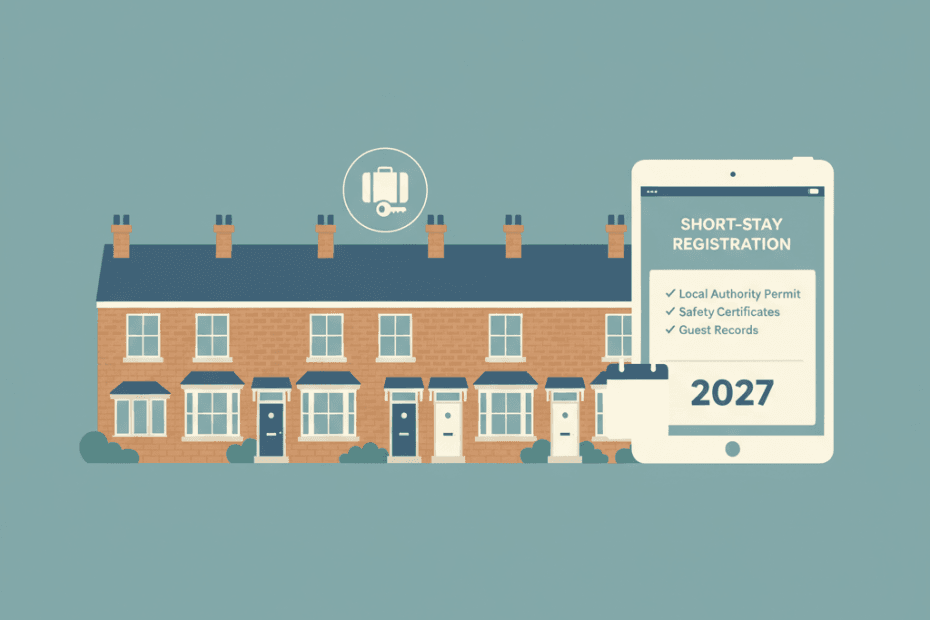Flat editorial illustration of English terraced homes with a holiday-let key and a digital property register checklist