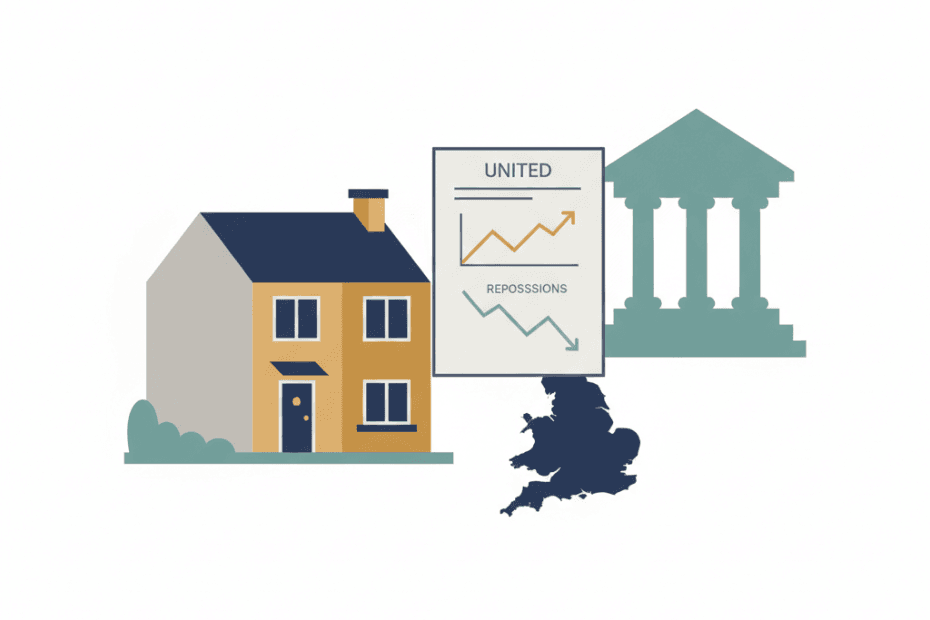 Flat editorial illustration of landlord possession court statistics for England and Wales