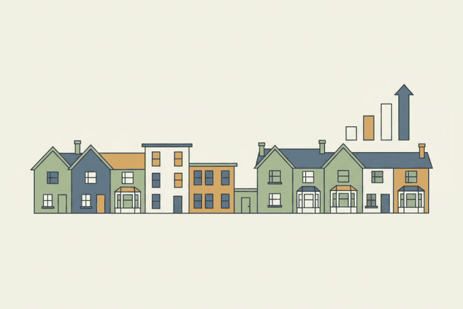 Flat editorial illustration of varied UK rental homes beside a simple rising rent chart