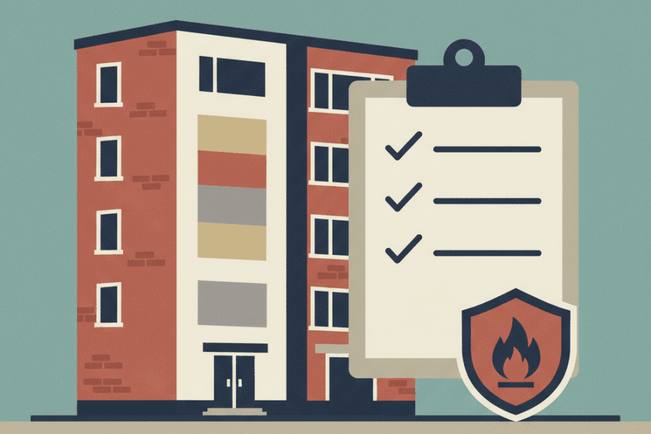 Flat editorial illustration of an English block of flats with an external-wall fire appraisal document and inspection symbols
