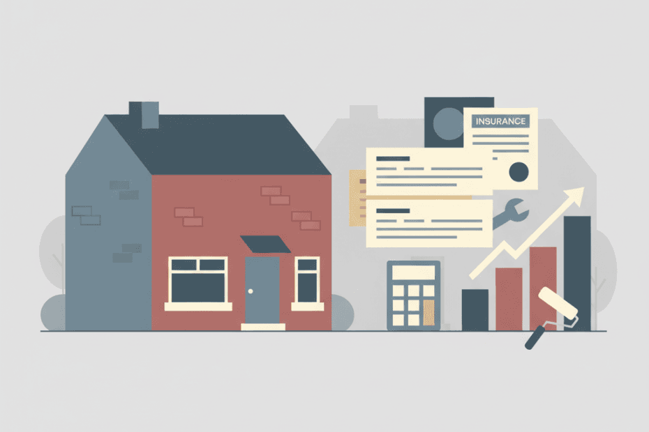 Flat editorial illustration of a UK rental home beside maintenance invoices, finance papers and a rising expenses chart