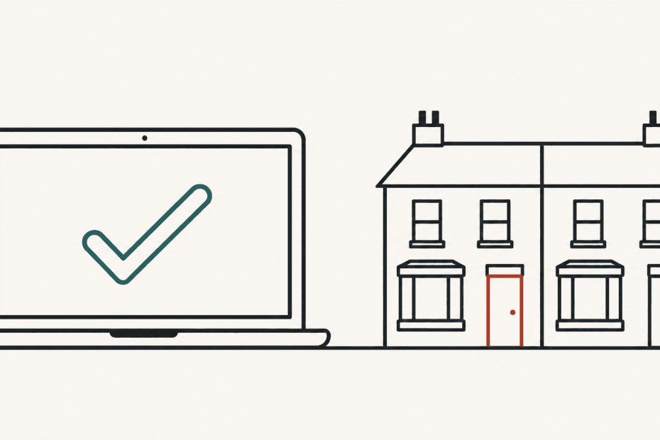 Outline illustration of a laptop showing a tick beside two terraced houses