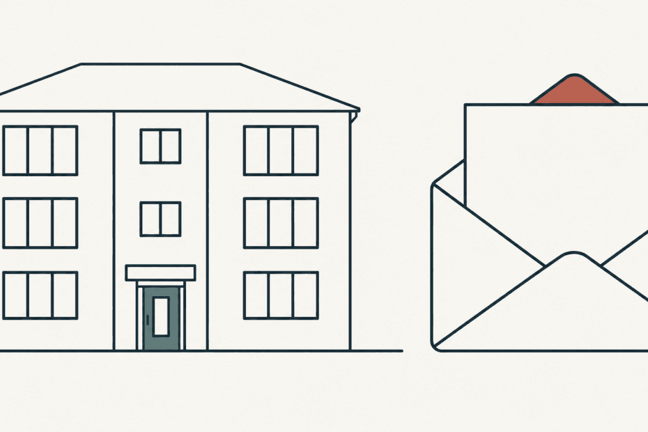 Flat illustration of a small block of flats beside an open envelope and a blank document
