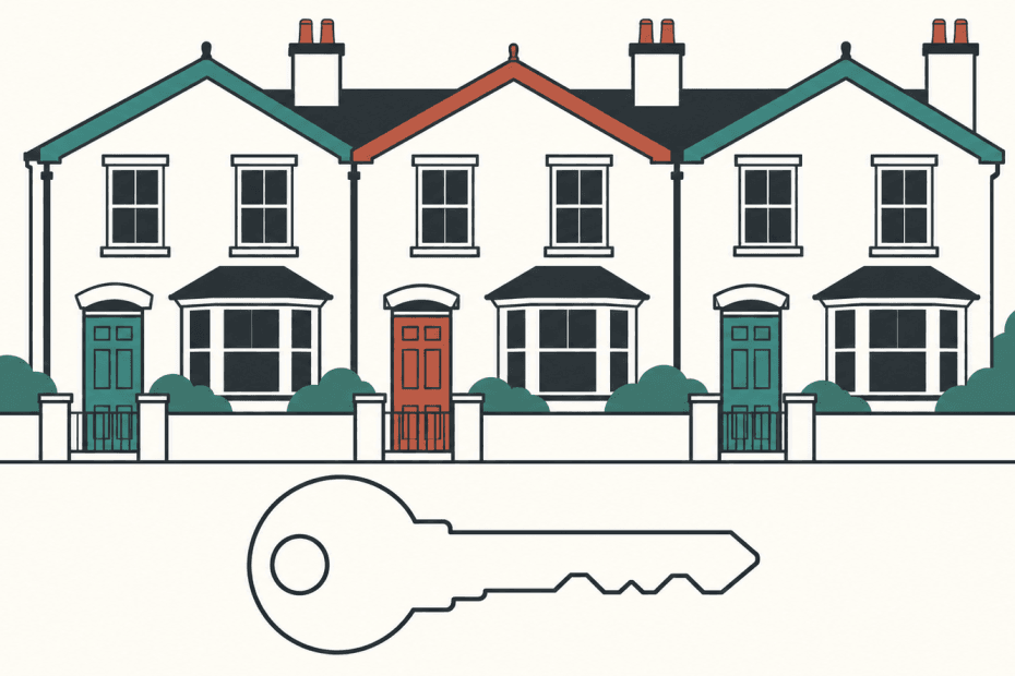 Three outlined terraced houses with muted teal and brick-red details and a plain key in front.