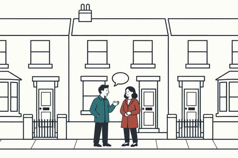 Two neighbours in teal and brick-red coats talking outside three outlined terraced houses, with an empty speech bubble.